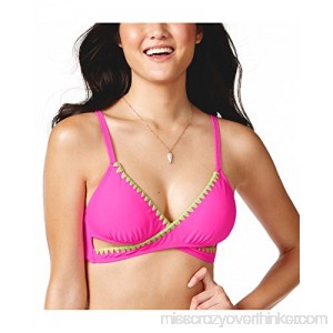 Bikini Nation Women's Junior's Contrast-Trim Faux-Wrap Halter Bikini Top Shocking Pink B06XGB92H9